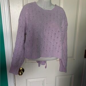 Gypsy Cloud Lavender Open Knit Tie Back Crew Neck Pullover Sweater Size M